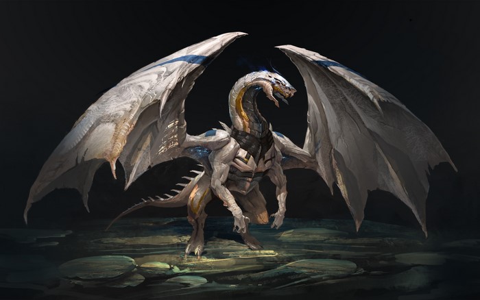 A white and blue mechanical dragon with large wings