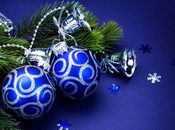 Blue Christmas Ornaments on Pine Branch