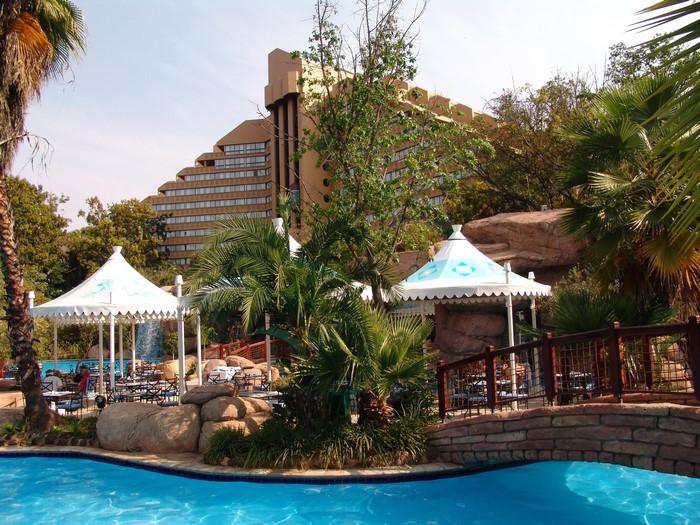 Resort with pool and pyramid-shaped hotel in South Africa