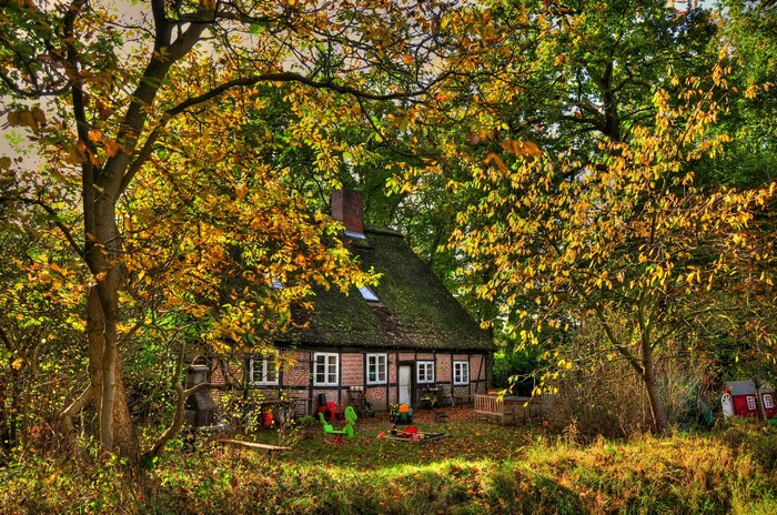 Thatched roof house in Germany surrounded by autumn trees