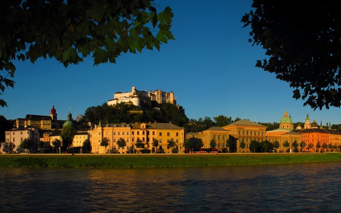 Hohensalzburg Fortress and Salzburg cityscape over the Salzach River, Austria