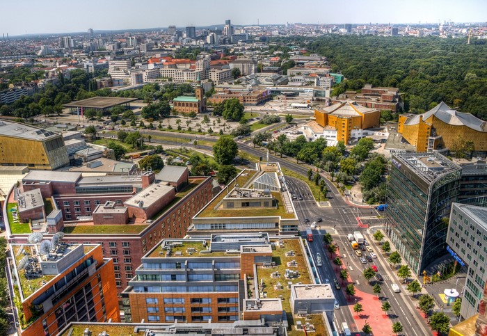 Berlin cityscape with modern buildings and green spaces