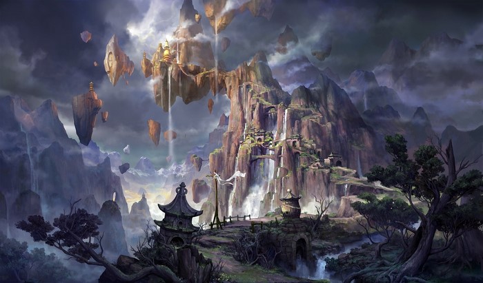 Floating islands with waterfalls and ancient structures