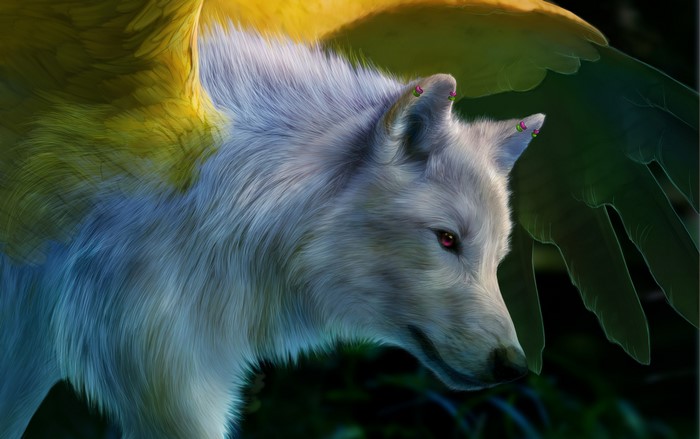 Winged wolf with pink earrings in a forest