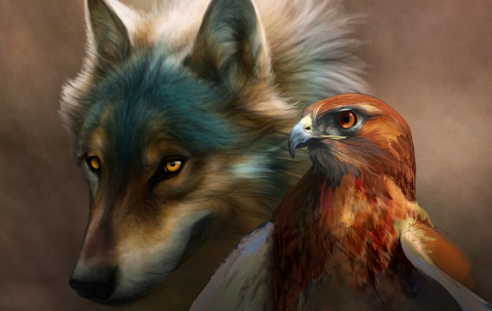 Wolf and Hawk portrait