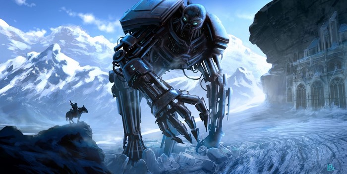 Giant robot and knight in snowy mountains