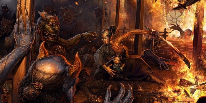 Samurai with child fights demons in burning building