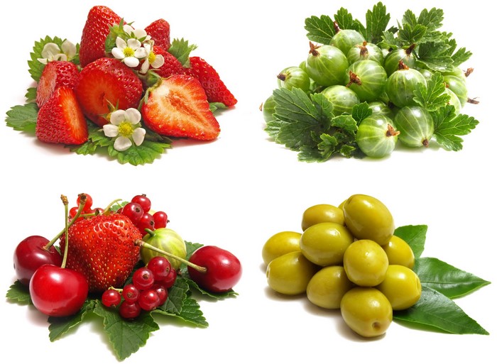 Assortment of fresh fruits including strawberries, gooseberries, cherries, and currants