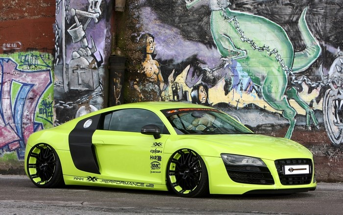Lime green Audi R8 V10 parked in front of graffiti wall