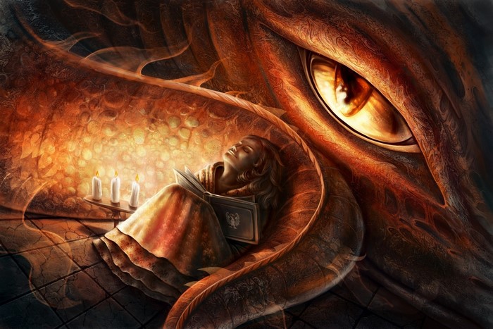 Girl reading a book near a dragon's eye