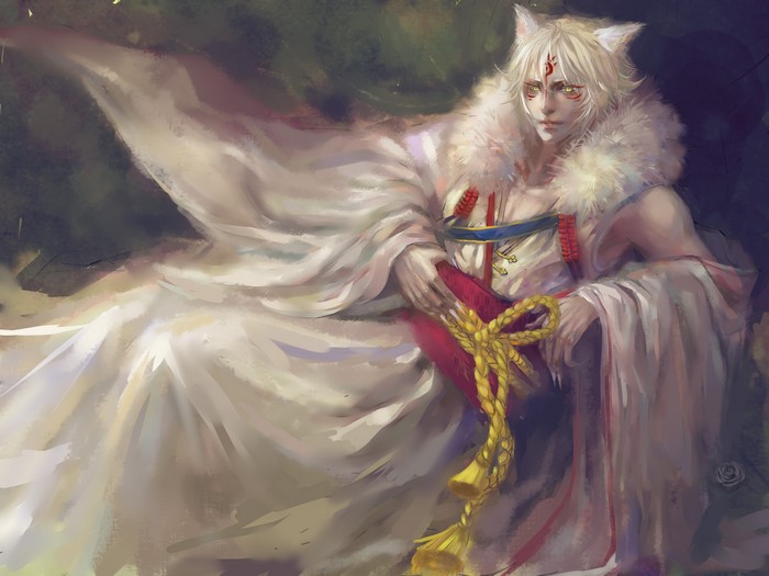 White-haired man with fox ears and tail