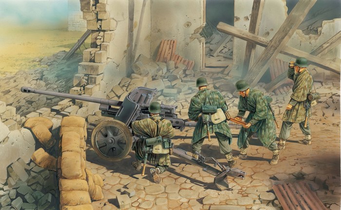 German soldiers operating an anti-tank gun in a ruined building