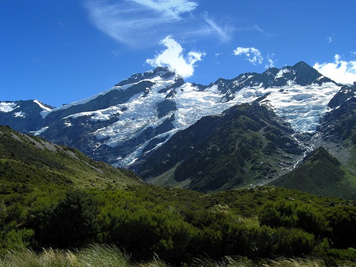 Snow-capped mountains with glaciers and green foothills
