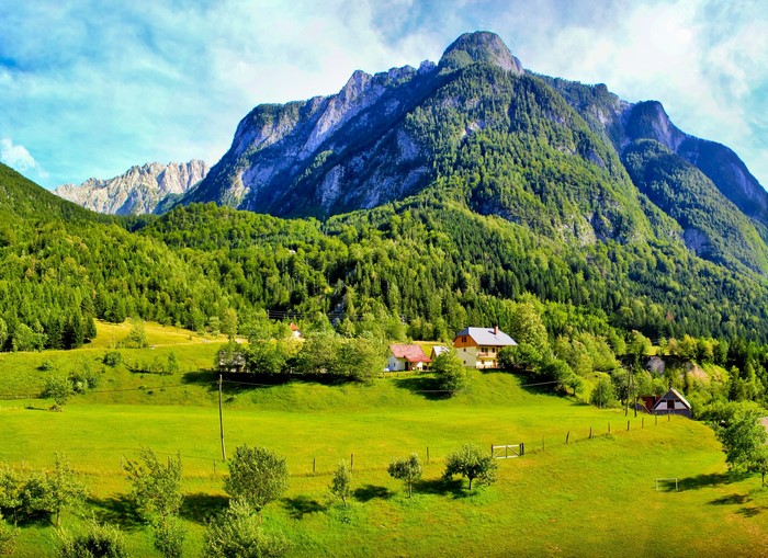 Green mountain valley with houses and trees