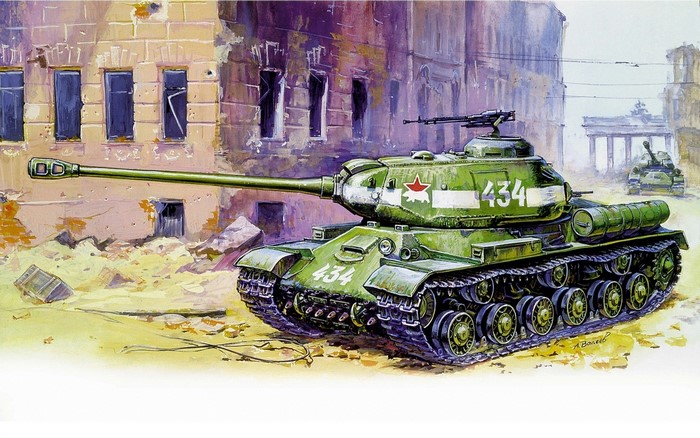 Soviet IS-2 heavy tank in a destroyed city