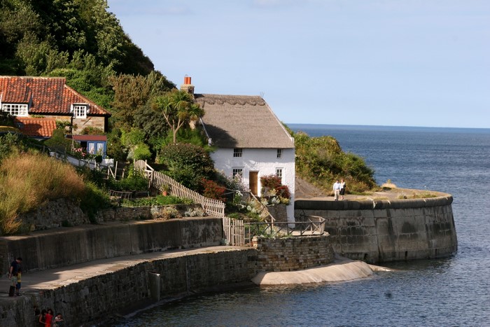 Coastal village with thatched cottage and harbor wall