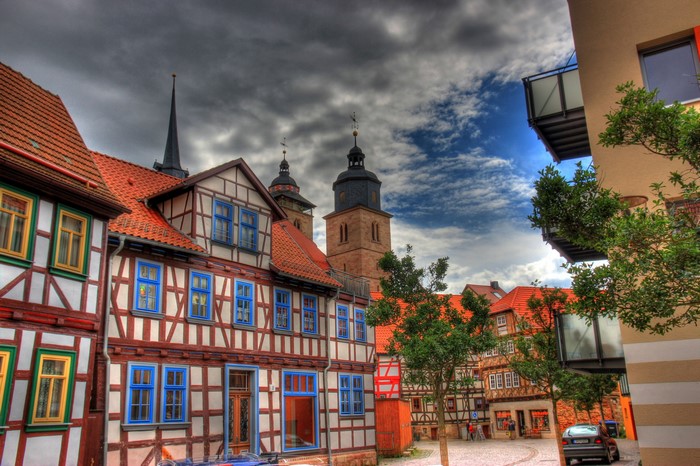 Half-timbered houses and church towers in Germany