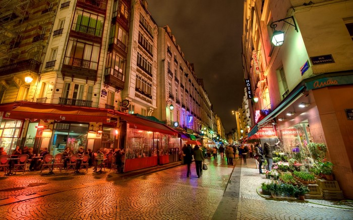 Night street scene in Paris, France