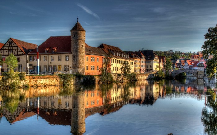 Historic buildings along a river in Germany