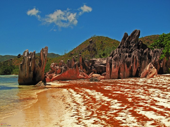 Granite rock formations on a tropical beach with red seaweed