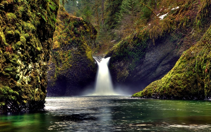 Moss-covered rocks surround a waterfall flowing into a river
