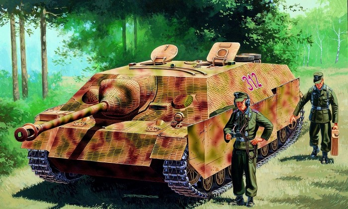 Jagdpanzer IV tank with two soldiers in a forest