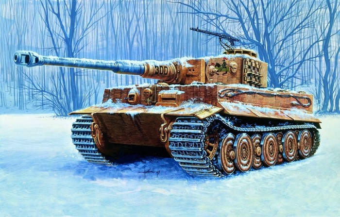 Tiger Ausf.E tank in a snowy forest painting