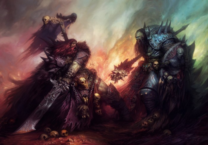 Two armored warriors with swords and maces in battle