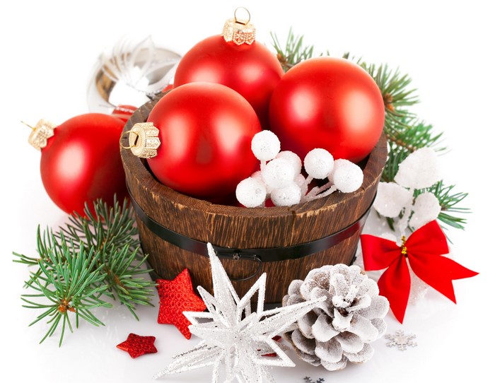 Christmas Ornaments in a Wooden Bucket with Pine Branches