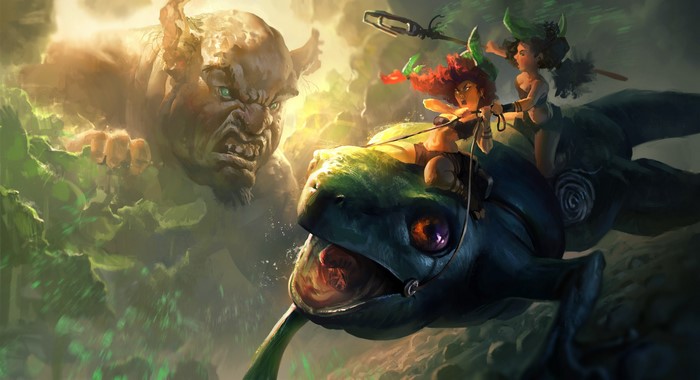 Two girls riding a creature facing a monster