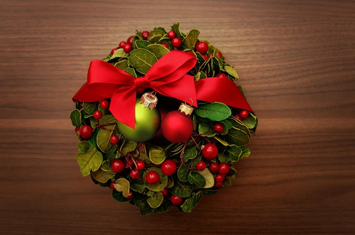 Christmas wreath with red bow and ornaments