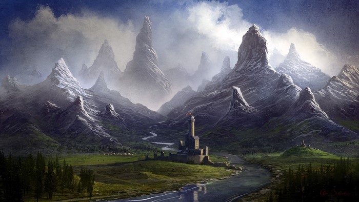 Fantasy landscape with mountains and a castle