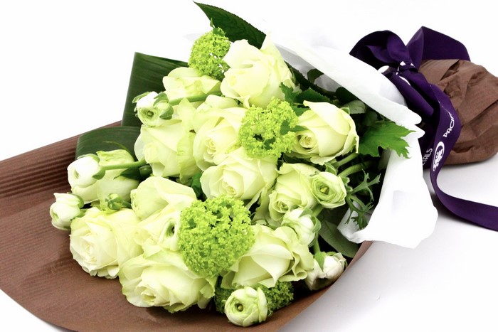 White Roses and Greenery Bouquet with Purple Ribbon