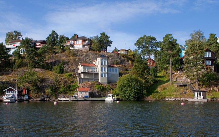 Houses on a rocky shore in Sweden