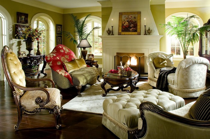 Elegant living room with fireplace and ornate furniture