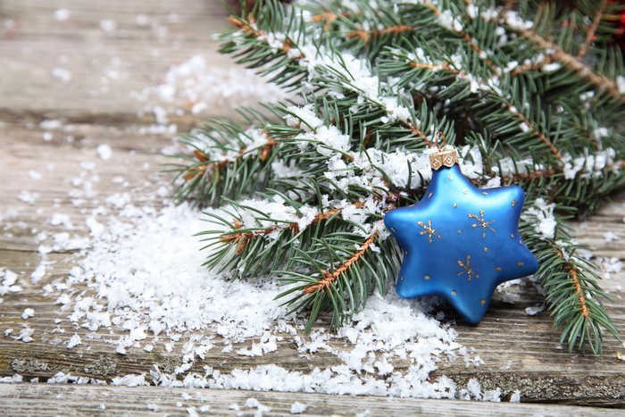 Christmas tree branches with snow and blue star ornament