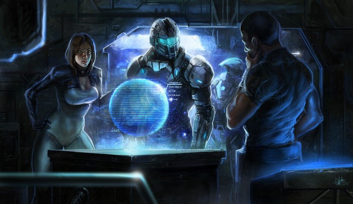 Characters interacting with a holographic display in Mass Effect