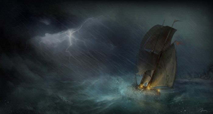 Painting of a sailing ship in a stormy sea with lightning