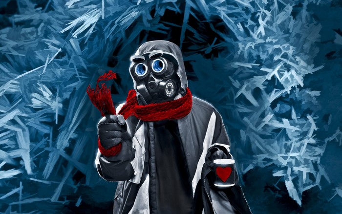 Romantically Apocalyptic character with gas mask and red scarf