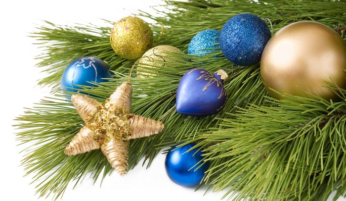 Christmas ornaments on pine branches