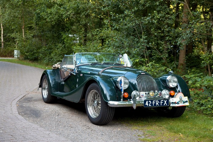 Green Morgan Plus 8 Cabriolet on a Road