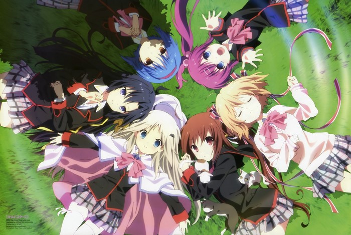 Little Busters! girls lying on grass