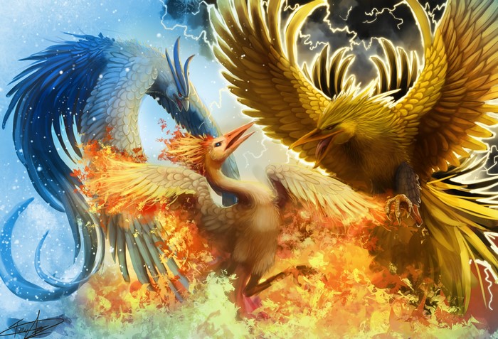 Three legendary birds in a battle