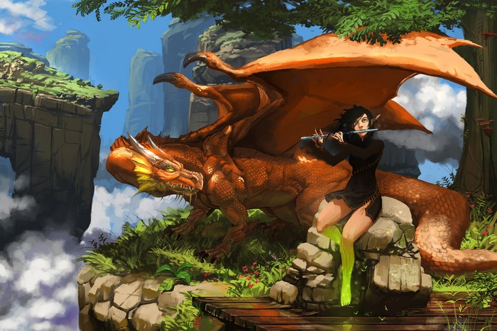 Elf playing flute next to a dragon on a cliff