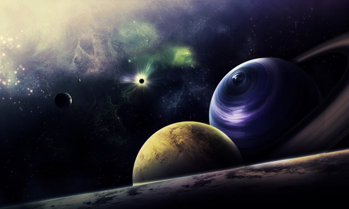 Planets in a colorful nebula