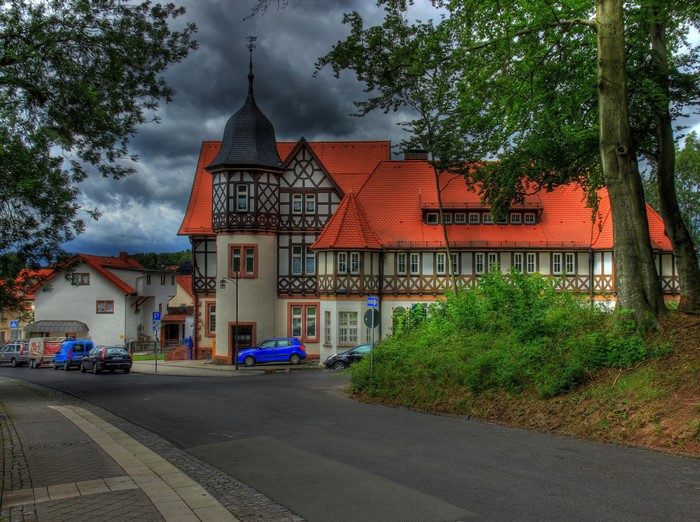 Half-timbered building with red roof in Germany