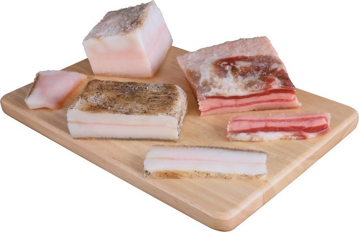 Salo - Cured Pork Fat Slices on Wooden Board