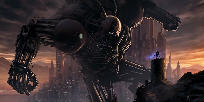 Giant robot and a warrior in a futuristic city