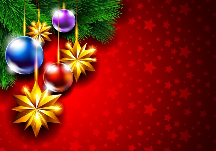 Christmas Ornaments and Pine Branches on Red Background