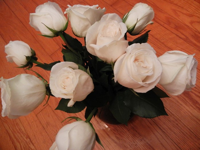 A bouquet of white roses on a wooden floor